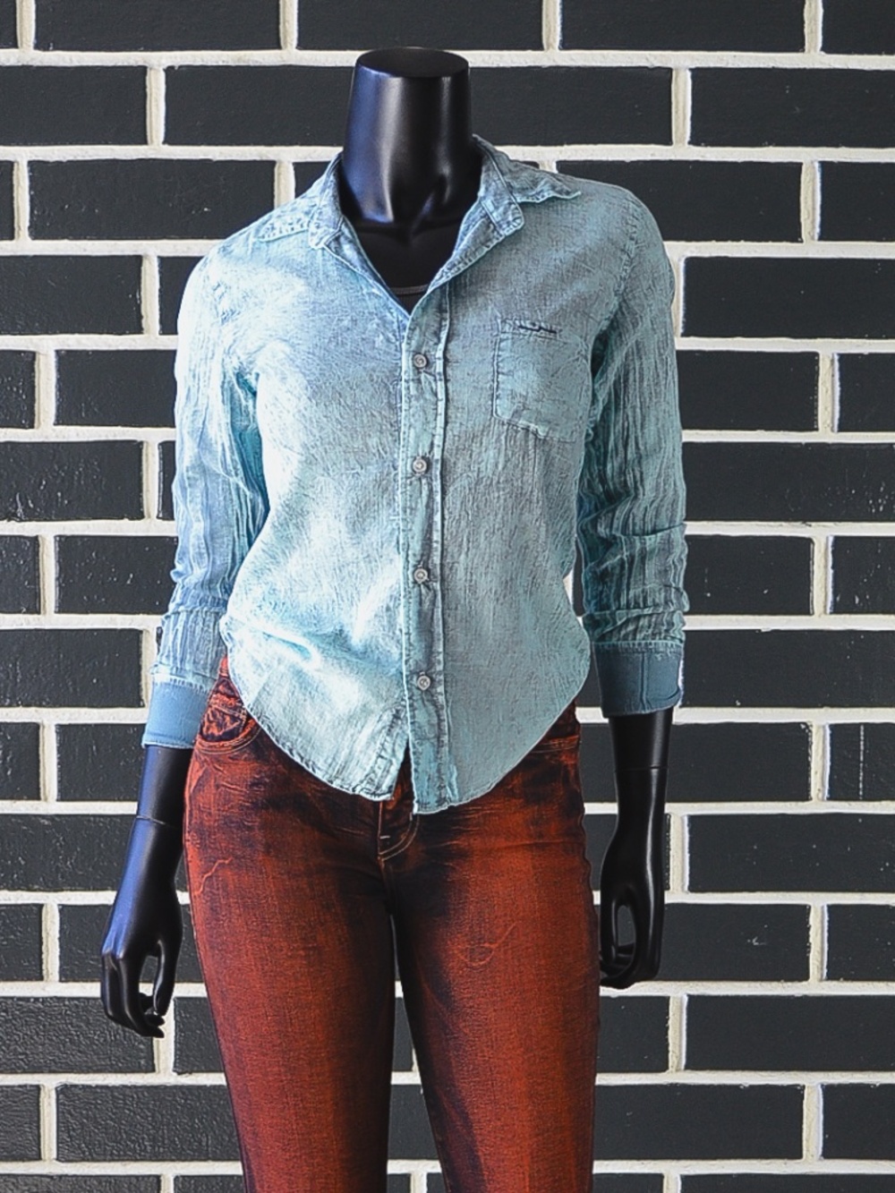 Luigi Jeans USA Women's Aqua Mineral Wash Button Down Y2K